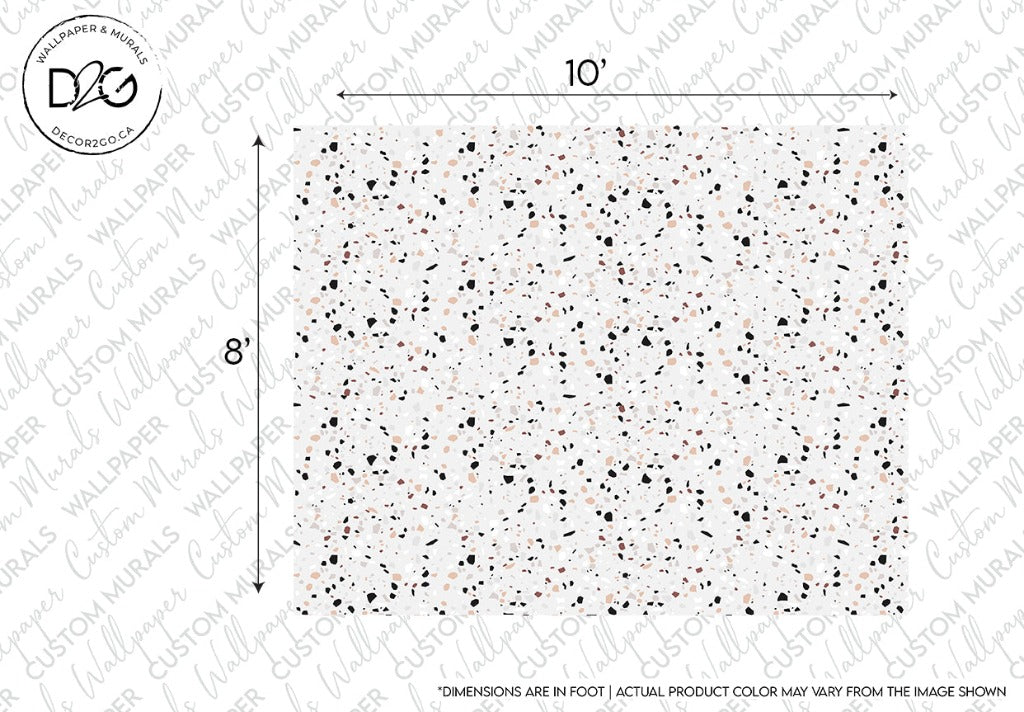 A sample Decor2Go Wallpaper Mural featuring a white background speckled with small black and bronze dots, measured at 10 by 8 inches, with a logo at the top left corner.