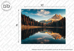 A serene retreat Tranquil Lake Wallpaper Mural design from Decor2Go Wallpaper Mural showing a tranquil lake reflecting a forest and a mountain peak under a clear sky, with a ruler measurement border around the image.