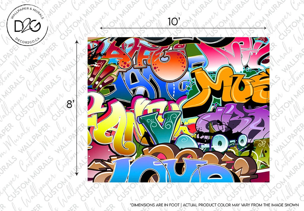 Decor2Go Wallpaper Mural Urban Colors Wallpaper Mural featuring vibrant, overlapping text and shapes, including words like "peace," "love," and "music," with a playful design and a decorative border.
