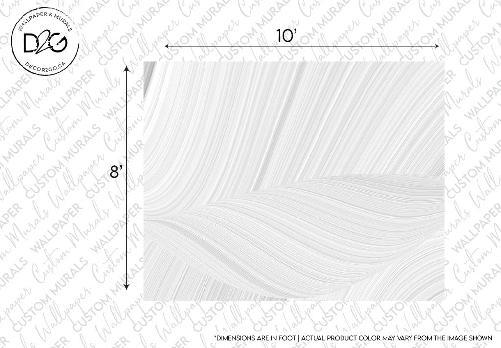 A grayscale image of the Decor2Go Wallpaper Mural White Waves wallpaper sample displaying a wavy textured pattern. The design includes measurements labelled as 10 inches by 8 inches, with a note indicating actual colors may vary.