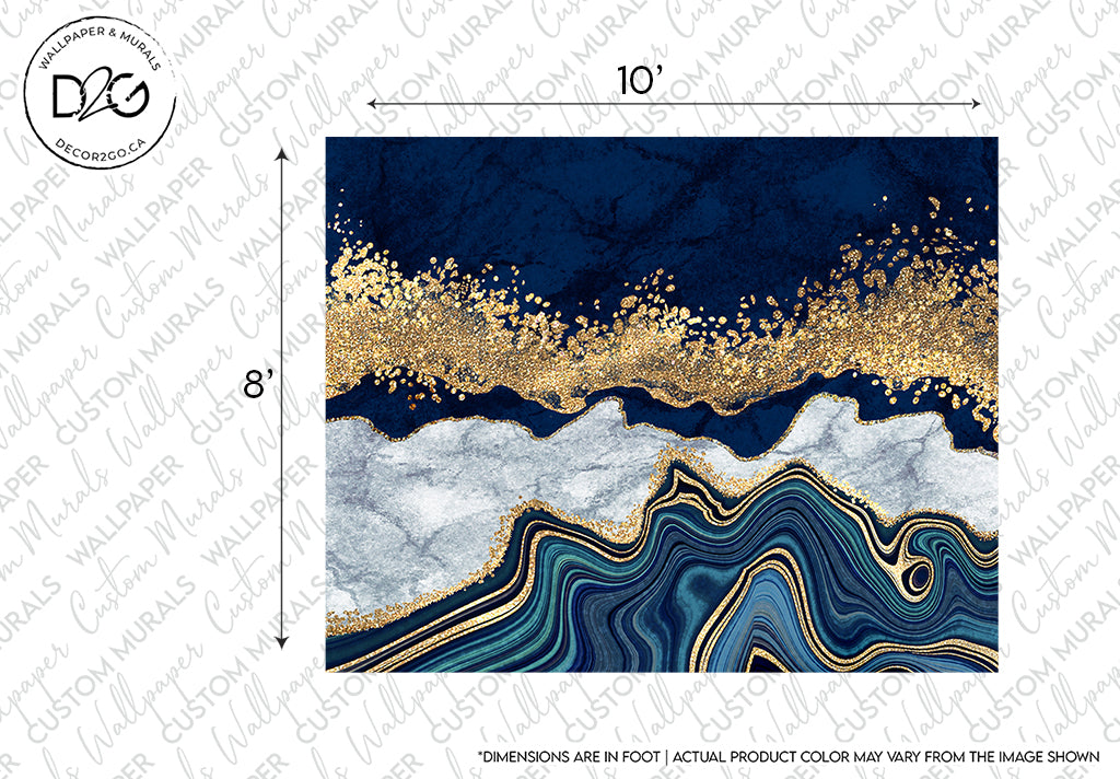 Abstract art featuring wavy blue and grey layers with gold splatter on top, a minimalist touch, measuring 10 inches by 8 inches. Notation indicates dimensions are not the actual size and colors.