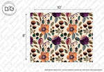 Decor2Go Wallpaper Mural presents the Floral Oil Paint Wallpaper Mural sample featuring a pattern of orange and purple flowers with green leaves on a light beige background, available in custom sizing. Dimensions are noted as 10 feet by 8 feet.