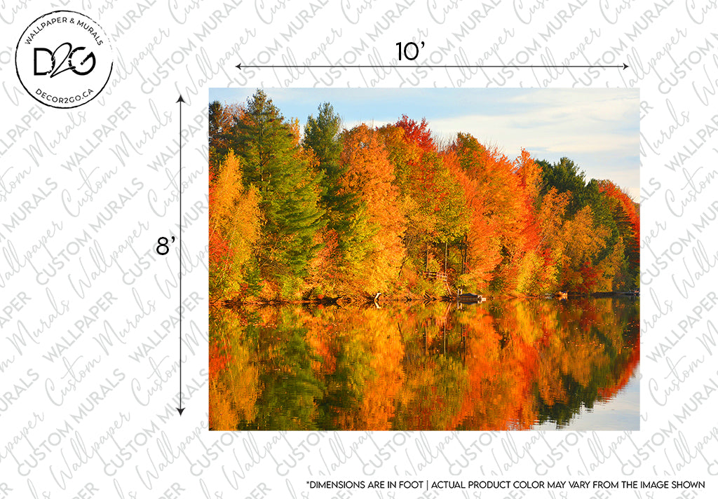Decor2Go's Fall Foliage Symphony Wallpaper Mural features vivid red, orange, and yellow leaves reflecting in a calm lake under a clear sky. A dimensional watermark indicates the size of an 8' by 10' sample.