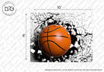 A 3D representation of a basketball breaking through a cracked white surface, creating a dynamic illusion of movement and impact. Notations for dimensions and color disclaimer are visible on the Decor2Go Wallpaper Mural.