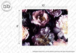 A close-up image of a rich and vibrant "Beauty of the Dark Wallpaper Mural" featuring a variety of flowers including pink peonies and white blooms, with a watermark "Decor2Go Wallpaper Mural" and size markers.