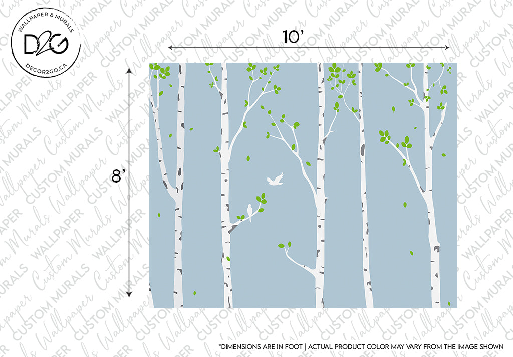 Decor2Go Wallpaper Mural Birch Trees and Birds Wallpaper Mural featuring a pattern of gray trees with white birch marks and sparse green leaves on a light blue background, designed as a serene woodland retreat, with dimensions marked
