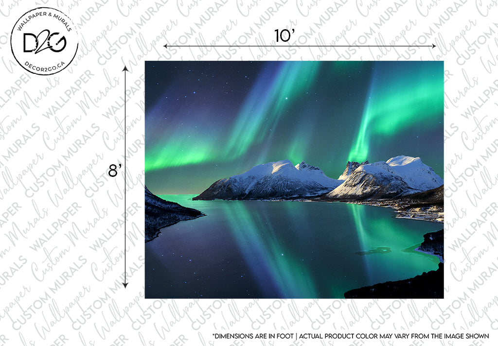 This image depicts a mystical Borealis Skies Wallpaper Mural display over snow-capped mountains and a reflective lake, with a measurement guide indicating the image as a 10' by 8' Decor2Go Wallpaper Mural.