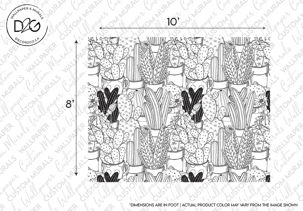 A black-and-white Cactus Clan Wallpaper Mural by Decor2Go featuring a pattern of various cacti in pots, arranged in a symmetrical, detailed illustration. This image includes dimension markings for scale.