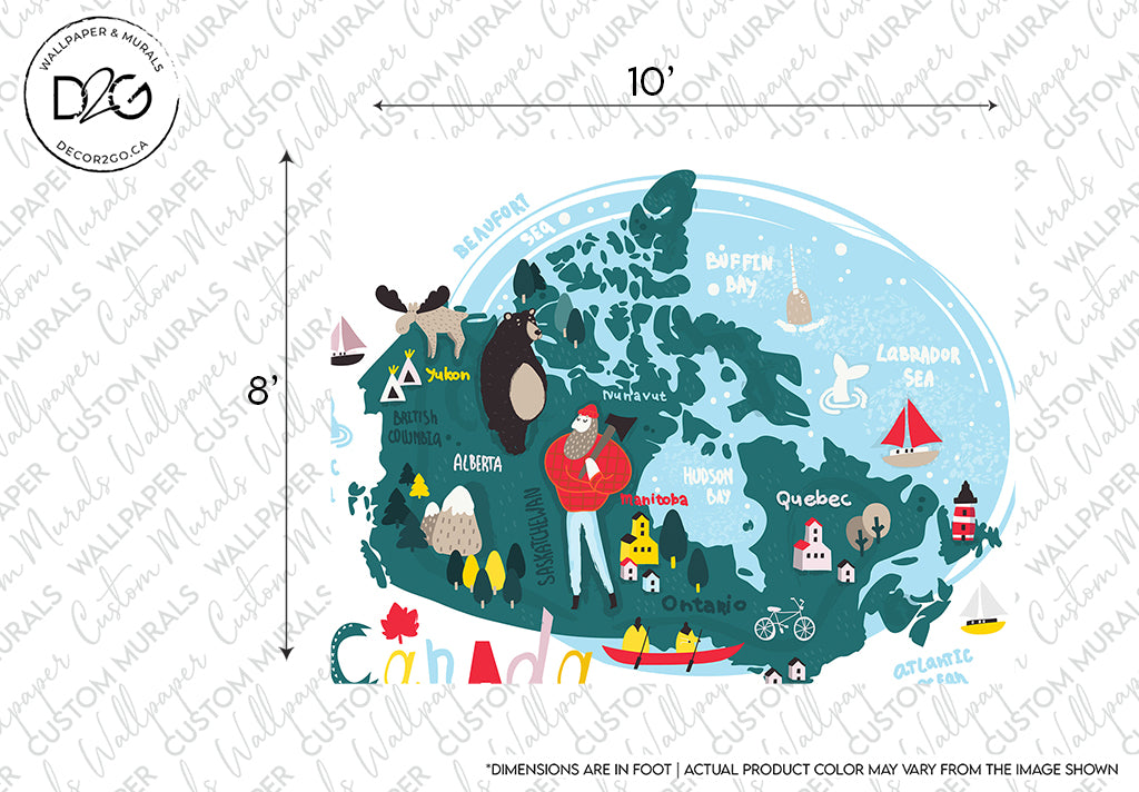 Illustrative Decor2Go Wallpaper Mural of Canada showing provinces and territories with whimsical icons representing landmarks and cultural symbols, marked with measurements indicating size.