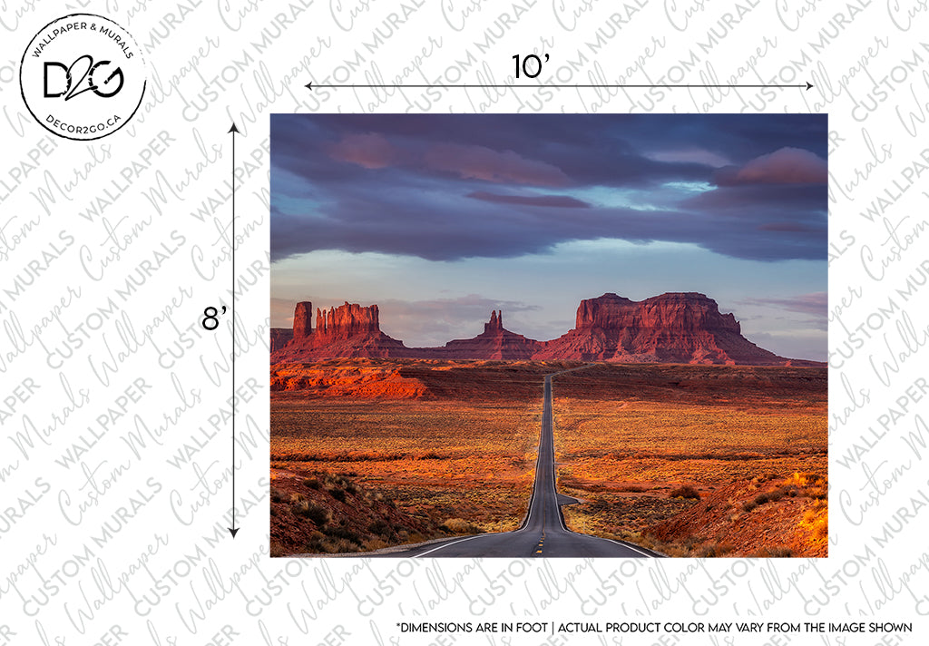 A scenic view of a long stretch of highway leading towards distant red rock formations under a vibrant sunset sky, perfect for road trip experiences, with dimensions noted around the image border, featuring the Canyon Drive Wallpaper Mural by Decor2Go Wallpaper Mural.