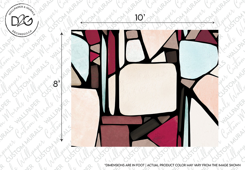 An abstract geometric design in a stained glass style, featuring a mix of burgundy, beige, and soft blue colors, with dimensions noted as 10 by 8 feet. This Decor2Go Wallpaper Mural chic aesthetic piece adds