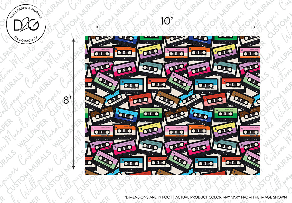 Colorful pattern featuring rows of multicolored Decor2Go Wallpaper Mural cassette tapes against a white background, with a measurement ruler border indicating the size of this custom-sized Coloured Cassette Wallpaper Mural.