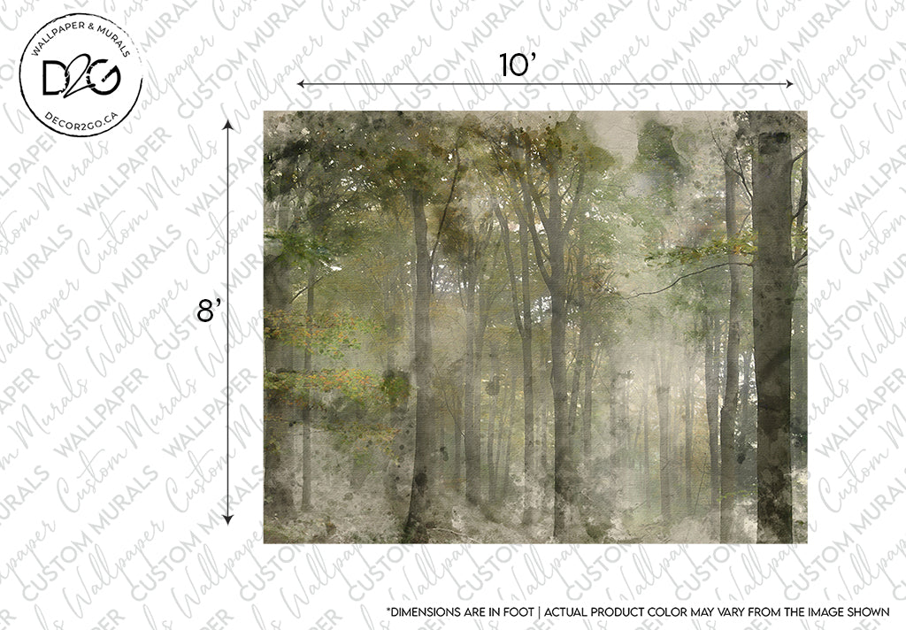 A Decor2Go Wallpaper Mural sample depicting a serene, impressionistic Deep Forest Wallpaper Mural with soft focus trees in shades of gray and green, bathed in a calming mist, dimensions labeled as 10 feet by 8 feet.
