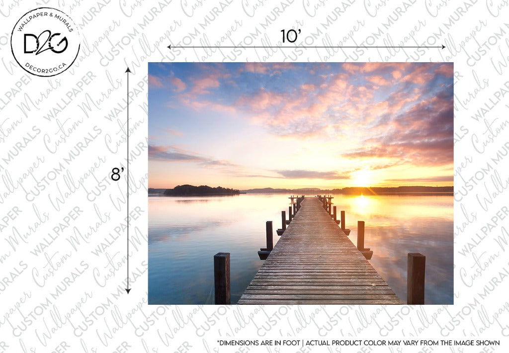 A tranquil sunset over a calm lake with a wooden jetty leading towards the horizon, the sky painted with soft hues of orange and blue. "Docked Life Wallpaper Mural" and dimensions are overlaid on the.
