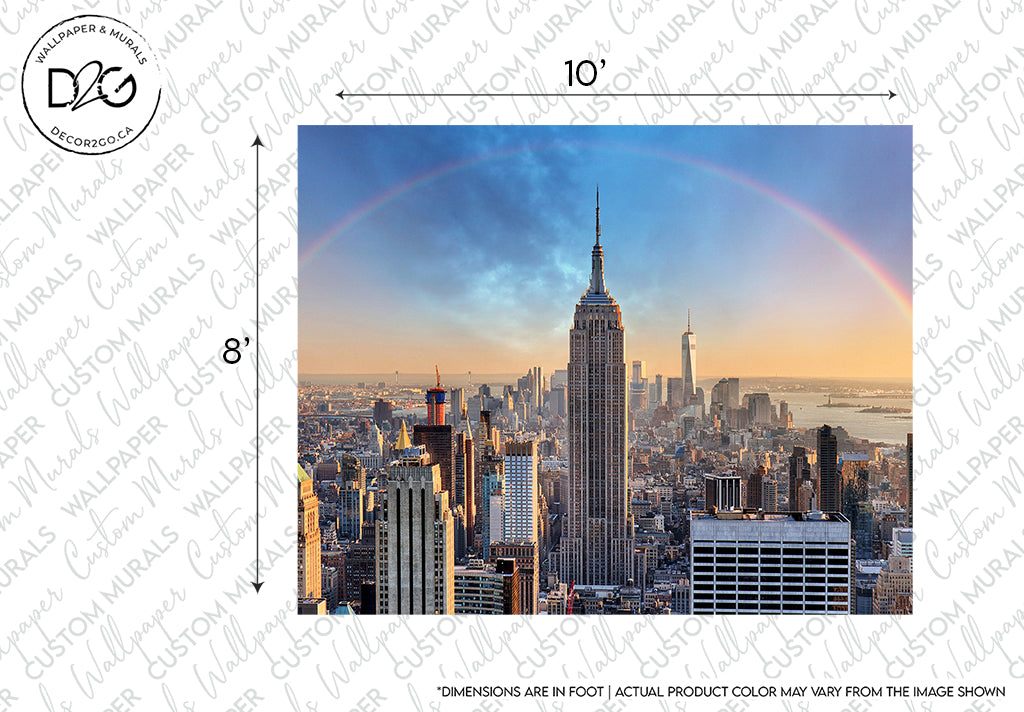 A Decor2Go Wallpaper Mural sample featuring a panoramic view of New York City's skyline highlighting the Empire State Building, with a subtle Double Rainbow Skyline in the sky, marked with measurements and a disclaimer on color accuracy.