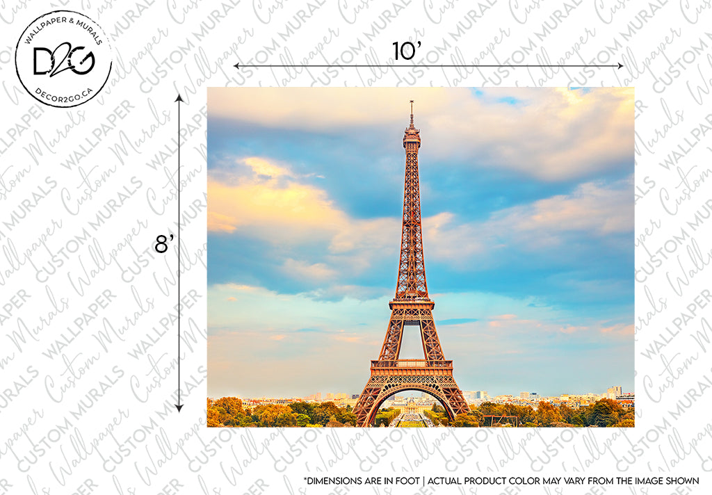 Image shows a symmetrical view of the Eiffel Tower against a colorful sunset sky, capturing the essence of Paris. Measurements indicate a 10 by 8-foot Decor2Go Wallpaper Mural.