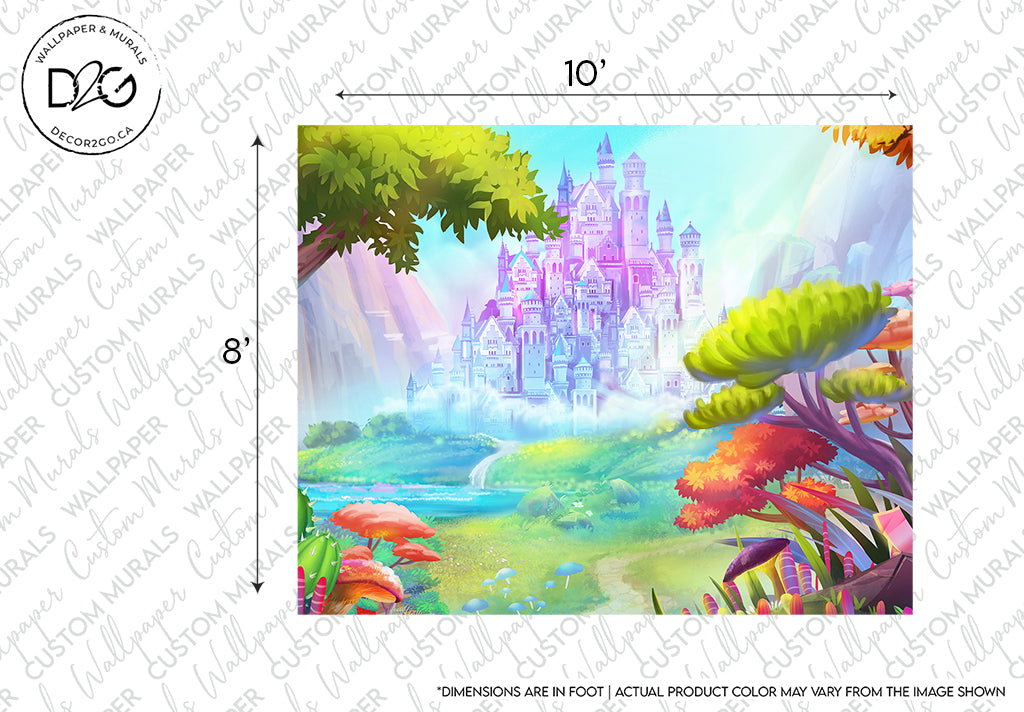 A vibrant Decor2Go Wallpaper Mural depicting a magical landscape with a towering pastel castle, lush greenery, colorful flora, and mythical creatures near a serene river, enhancing a whimsical atmosphere.