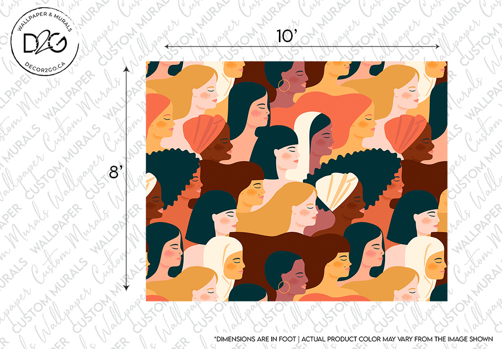Illustration of diverse women's profiles in varying skin tones and hairstyles on a Femme Fatale Wallpaper Mural background. A logo with "Decor2Go Wallpaper Mural" appears in the upper left and dimension marks on the borders.