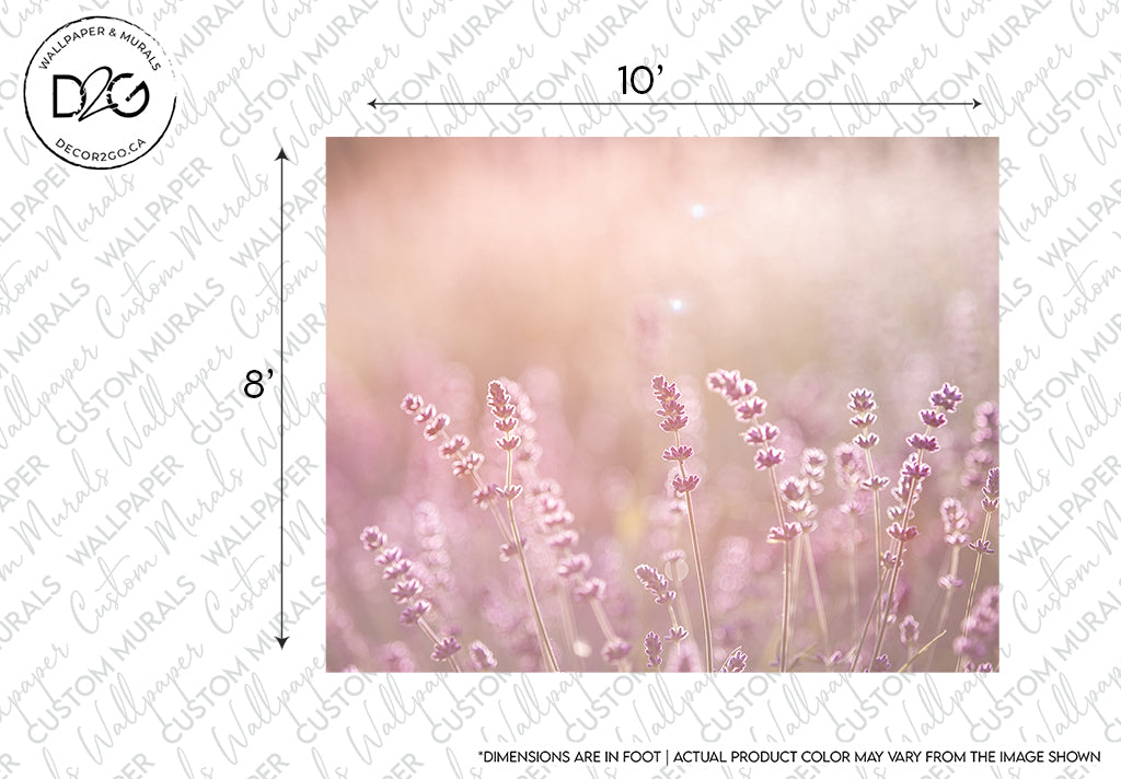 An image of delicate lavender flowers with a floral design on a soft, blurred pink background in a 10" by 8" frame featuring the Field of Dreams Wallpaper Mural by Decor2Go Wallpaper Mural, noting that actual product color may vary from the image shown.