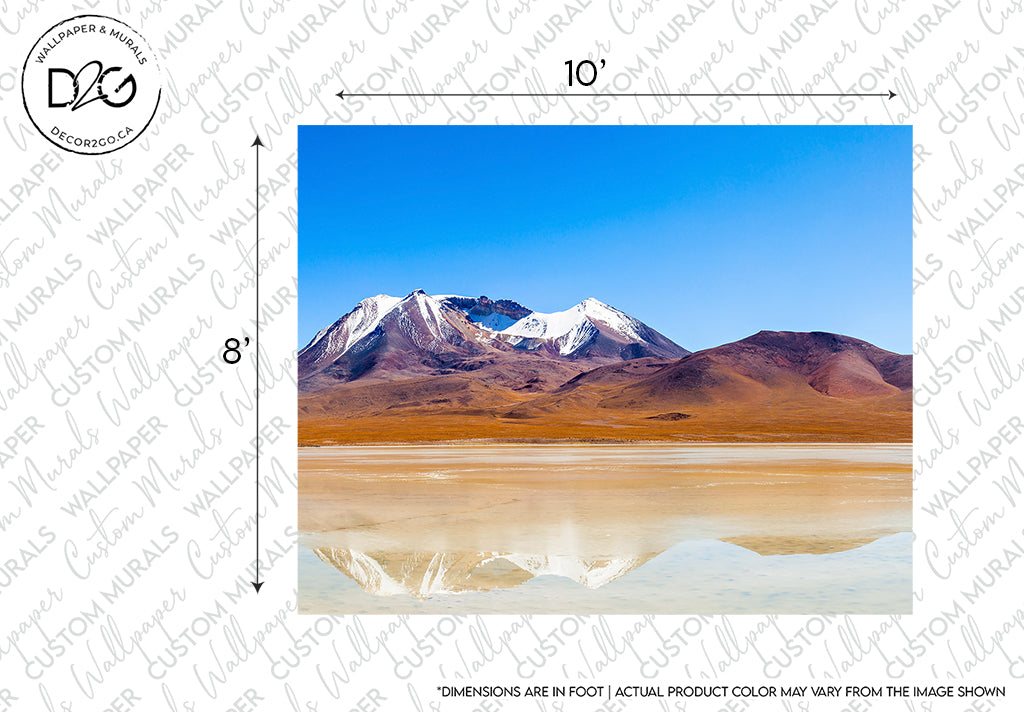 A vibrant landscape featuring a reflective salt flat in the foreground with a backdrop of majestic, snow-capped mountains under a clear blue sky, perfect as a Decor2Go Wallpaper Mural.