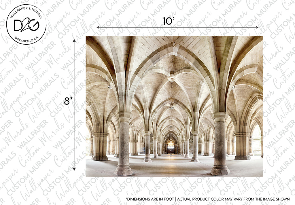 A Decor2Go Wallpaper Mural design featuring a photographic print of Glasgow University's cloister, showcasing Gothic architectural elements with soaring arched ceilings and elegant columns, with product dimensions marked. "sample - not for resale" watermark