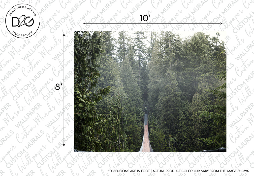 A serene Into the Woods Wallpaper Mural by Decor2Go featuring a long, narrow wooden boardwalk stretching through a dense forest of tall, lush green trees, enveloped in a light mist. The pathway leads into the vanishing point.