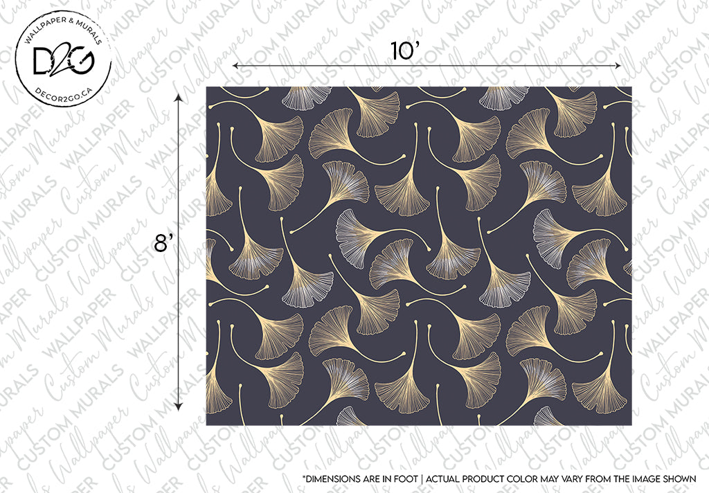 A fabric swatch featuring a pattern of luxurious gold Ginkgo leaf silhouettes on a dark blue background, with dimensions of 10 by 8 inches indicated on the image, by Decor2Go Wallpaper Mural's Japanese Flowers Wallpaper Mural.