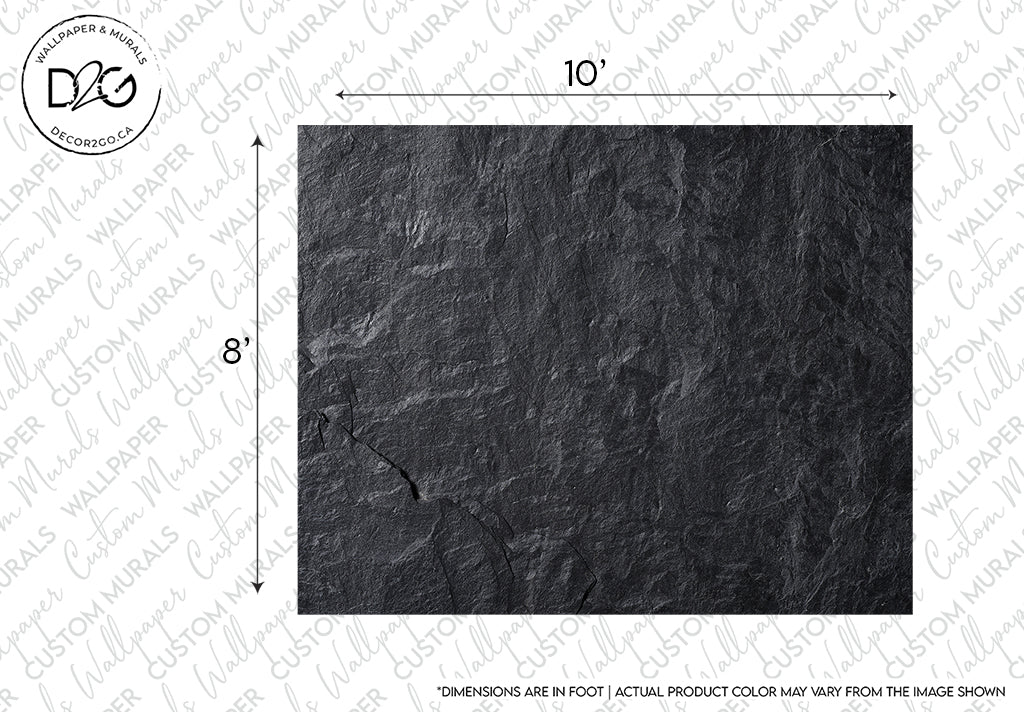 A faux textured dark grey slate tile measuring 10 by 8 inches, displayed on a white background with a watermark of Decor2Go Wallpaper Mural at the top. Notations indicate that dimensions are in Lava Rocks Wallpaper Mural.