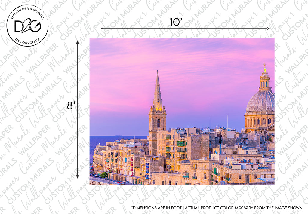 A captivating view of a historic city at dusk, featuring a prominent church spire and a large dome architecture under a pink and purple sky. Dimensions and color disclaimer at the bottom. 

Malta View Wallpaper Mural by Decor2Go Wallpaper Mural