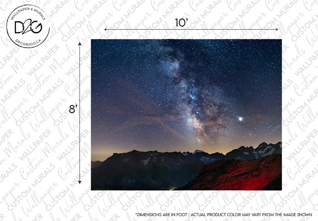 A vibrant mural of the Milky Way stretching above a rugged mountain range, showcasing the beauty of a starry night sky. The Decor2Go Wallpaper Mural dimensions and a watermark are visible.