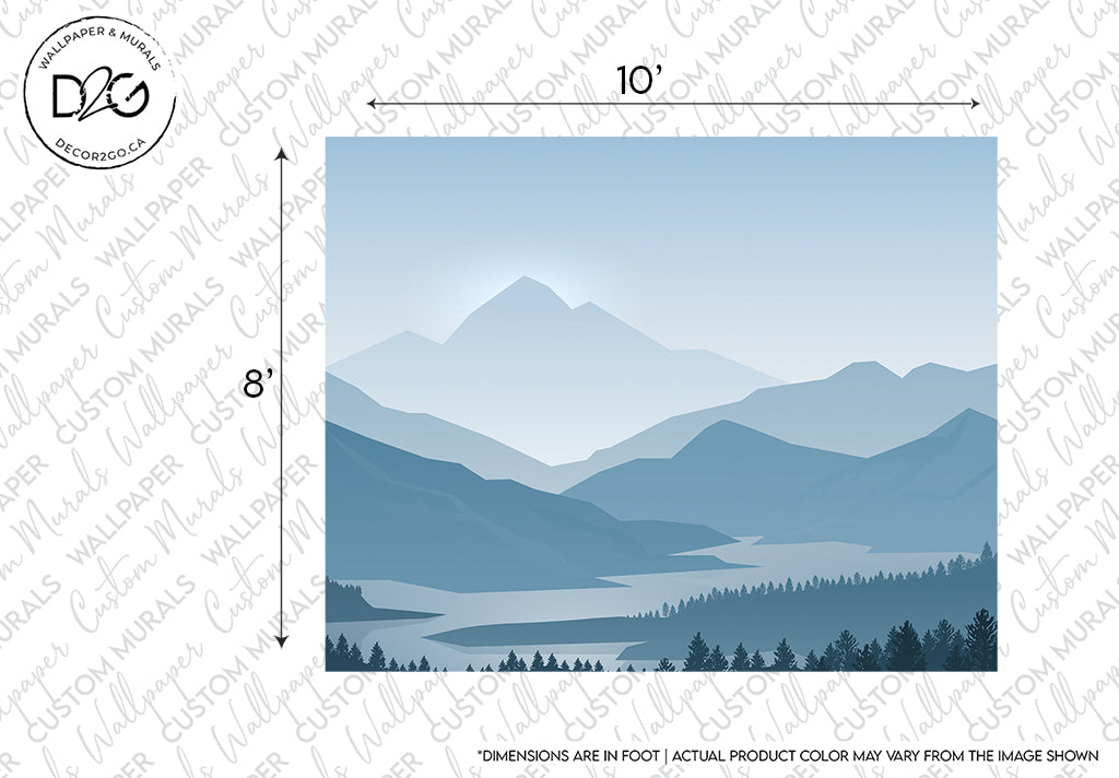 Illustration of a serene landscape featuring the Decor2Go Wallpaper Mural Misty Blue Mountains wallpaper mural with reflections on a calm lake, dimensions noted on the image for a 10" by 8" area.