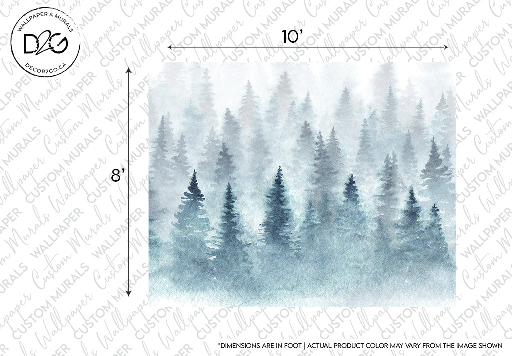 Watercolor painting of a serene forest landscape featuring multiple layers of pine trees in varying shades of blue, fading into a Decor2Go Wallpaper Mural background. The image includes dimensions marking 10 feet