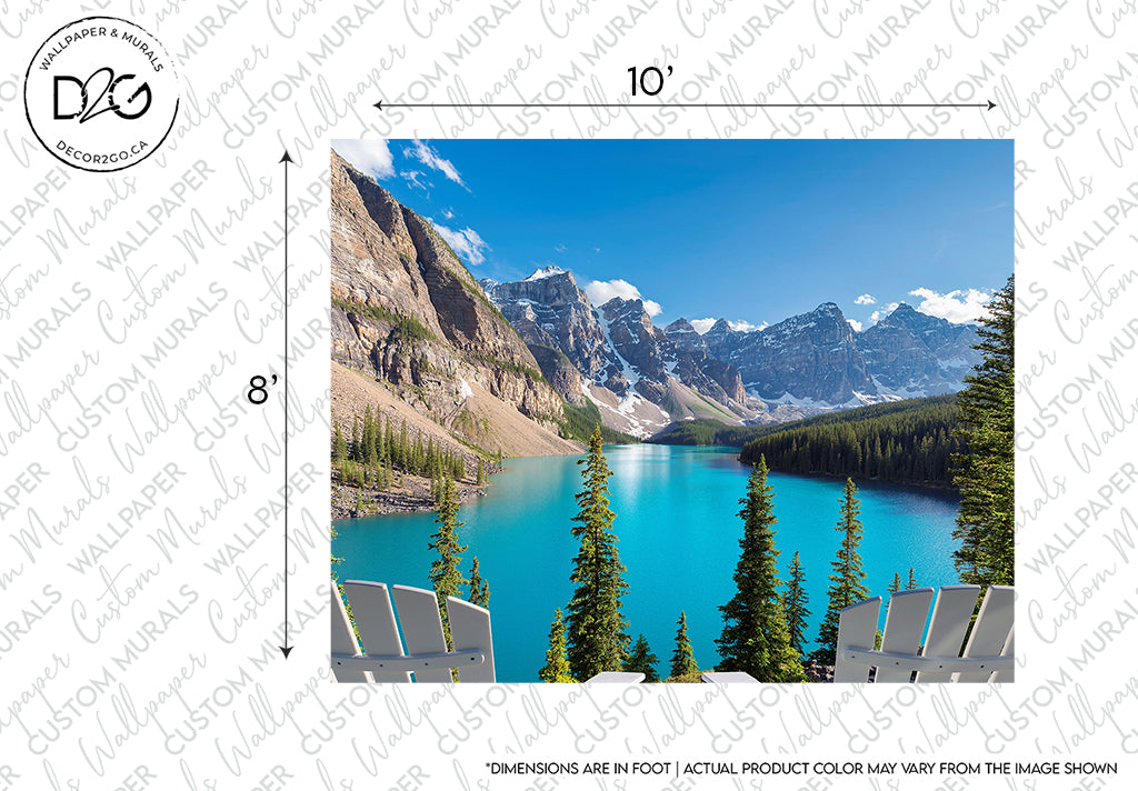 A scenic view of Moraine Lake in Banff National Park, Canada, featuring towering mountains and vibrant blue waters, with two deck chairs facing the lake, framed by a Decor2Go Wallpaper Mural indicating the size for Moraine Lake Wallpaper Mural.