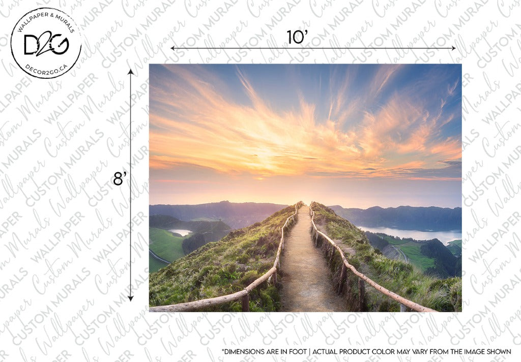 A vibrant sunset over a scenic landscape with a narrow pathway running along a ridge, leading towards the horizon under a colorful sky. The image includes dimension markers and serves as the design for a Decor2Go Wallpaper Mural depicting the Mountaintop Trail.