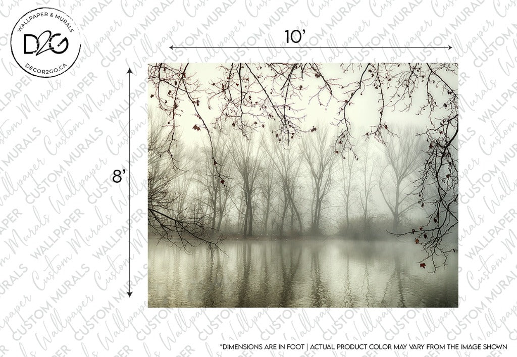 A serene water scene featuring a still lake reflecting bare trees under a foggy sky, giving a calm, monochrome look. This Murky Forest Wallpaper Mural from Decor2Go Wallpaper Mural enhances the mystical vibe decor in any room. Dimensions for the wallpaper