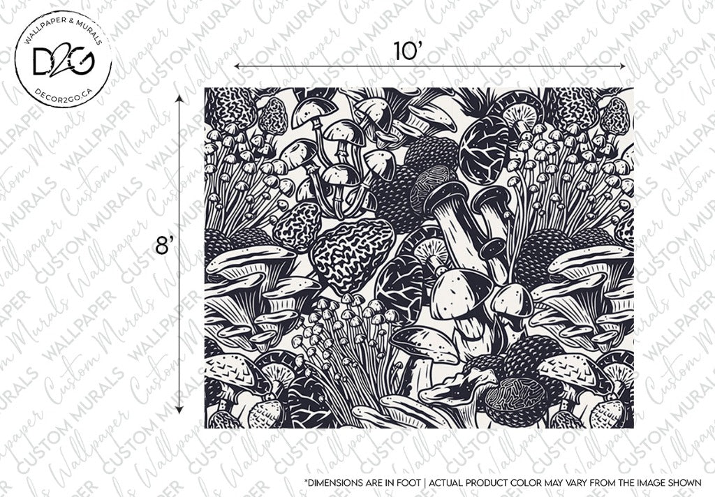 Intricate black and white botanical Mushrooms lovers Wallpaper Mural from Decor2Go Wallpaper Mural filling the frame, showcasing diverse shapes and textures, marked with dimensions for size reference.