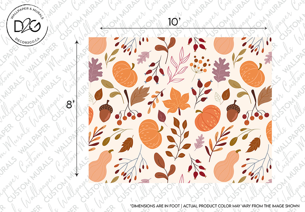 A Pumpkins & Leaves Wallpaper Mural mural featuring a variety of autumn-themed elements like orange pumpkins, brown acorns, and colorful leaves on a light background, with a 10" by 8" size indicator and.