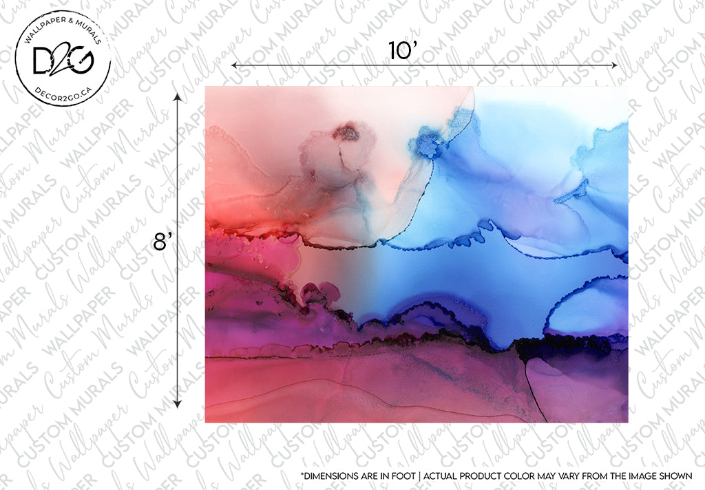 Abstract artwork featuring a fluid blend of blue, pink, and red colors with white accents, resembling a dreamlike watercolor landscape, now available as Decor2Go Wallpaper Mural with dimensions marked as 10'
