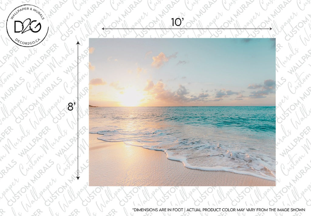 A serene beach at sunset with gentle waves lapping at the shore. The sky displays soft hues of orange, pink, and blue as the sun sets on the horizon. This calming sunset is captured in a Decor2Go Wallpaper Mural with dimensions marked as 10 feet in width and 8 feet in height.