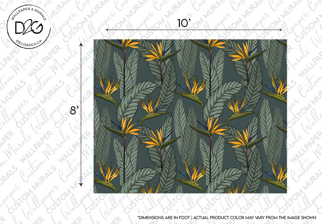 A Decor2Go Wallpaper Mural sample featuring a tropical design with green leaves and yellow-orange flowers on a dark teal background. The image includes size markers for custom-sized murals, indicating 10 feet by 8 feet dimensions.