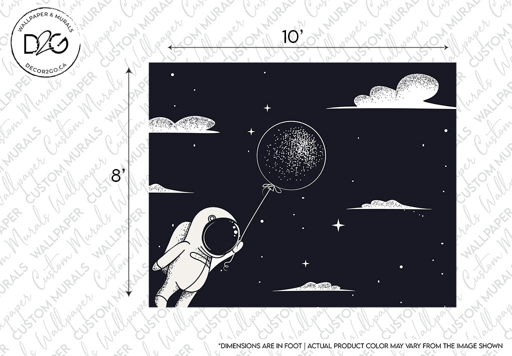 An illustration featuring an astronaut holding a dandelion, depicted as a constellation, on a dark backdrop with stars, clouds, and celestial elements. Ideal for Decor2Go Wallpaper Mural enthusiasts.