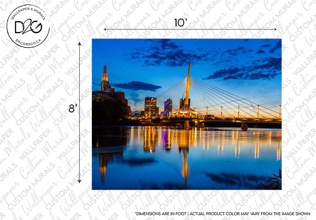 A vibrant evening view of a cityscape with a prominent suspension bridge illuminated over a river, reflecting lights on the water. This urban aesthetic is marked for reference on a Decor2Go Wallpaper Mural featuring the Winnipeg Twilight design.