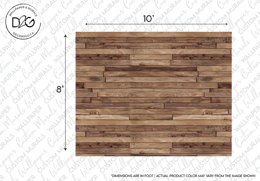 A rectangular sample of Decor2Go Wallpaper Mural's rustic Wood Cabin Wallpaper Mural with varied shades of brown and a vintage look, measuring 10 by 8 inches. Text indicates dimensions are not actual size.