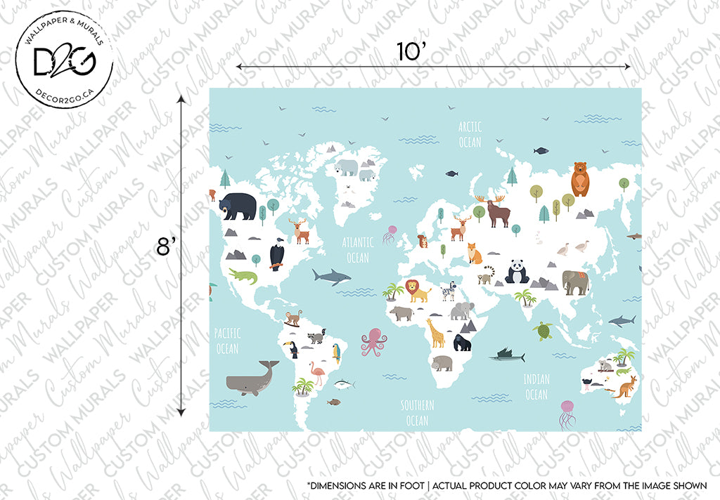 A world map mural illustrated with cartoon animals representing different regions. For example, a penguin stands in Antarctica, a lion in Africa, and a panda in China. Oceans are labeled, and various wild animals are scattered across continents. Perfect educational decor with dimensions of 10' by 8'. The Decor2Go Wallpaper Mural's World Map with Wild Animals Blue Wallpaper Mural offers the perfect touch for any child's room or classroom setting.