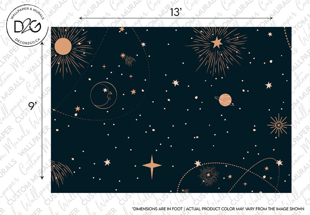 A dark blue Decor2Go Wallpaper Mural featuring various gold celestial elements, including stars, planets, and constellations, with intricate line details. This premium quality celestial design measures 13 feet in width and 9 feet in height.