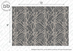 A 13" square fabric swatch with a dark gray background featuring an intricate design of abstract white lines, resembling interconnected twigs or branches.