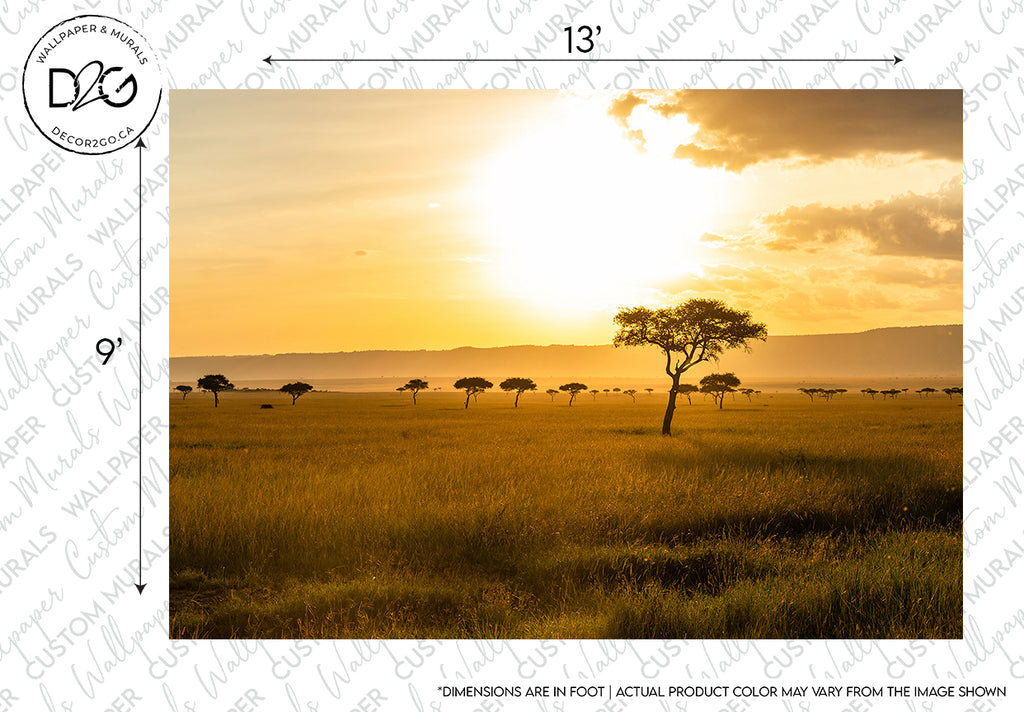 A serene African Savanna landscape at sunset with a prominent solitary tree in the foreground, surrounded by scattered trees under a vast, glowing sky. Watermarks and measurement overlays are present in the Decor2Go Wallpaper Mural - African Savanna Wallpaper Mural.