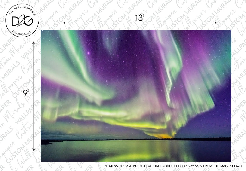 A vibrant display of the northern lights in purple and green hues over a tranquil blue lake under a starry sky, with dimensions annotated for Decor2Go Wallpaper Mural sizing.