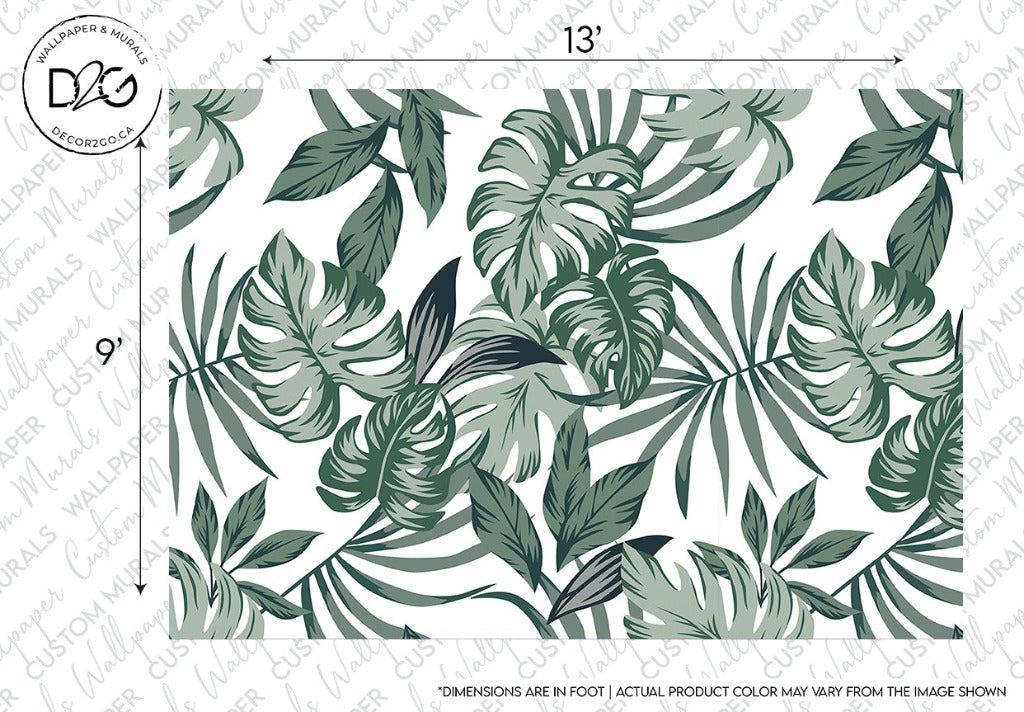 A Big Green Leaves Wallpaper Mural sample featuring a dense pattern of lush foliage with the dimensions marked as 13 feet by 9 feet, and the disclaimer that actual product color may vary from the image shown. Brand Name: Decor2Go Wallpaper Mural