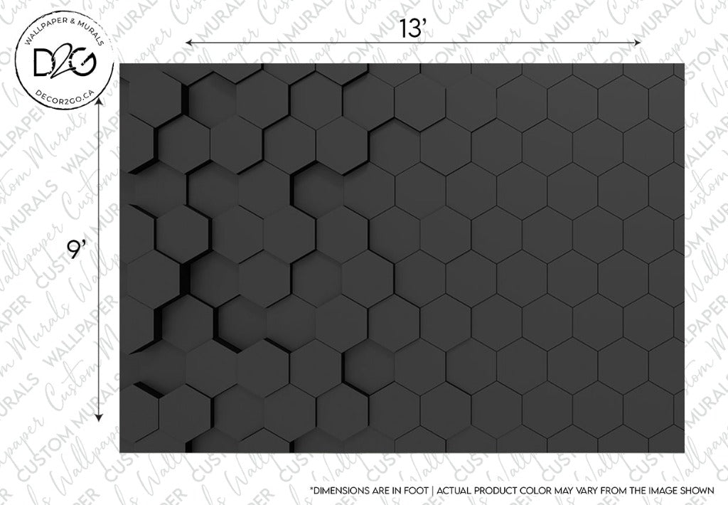 A monochrome image showcasing a modern interior design with an arrangement of dark Black Hexagons 3D Wallpaper Mural, covering an area marked as 13' x 9'. The text notes that actual product color may vary from Decor2Go Wallpaper Mural.